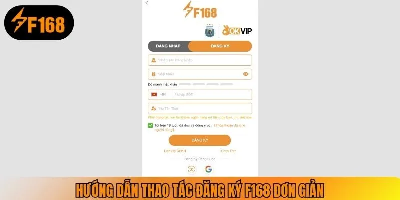 Các thao tác đăng ký F168 được thiết kế khá tối ưu cho cược thủ